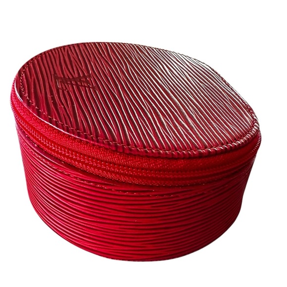 Authentic Louis Vuitton Red Epi Leather & Suede Round Jewelry Vanity Travel Case - Picture 7 of 15